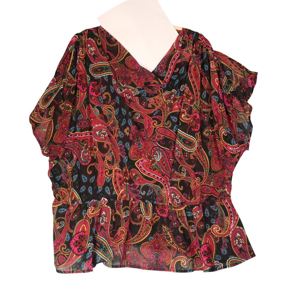 Lane Bryant Shirt Womens 22 24 Black Multicolor Paisley Cowl Neck Sheer Top
